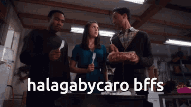 a group of people standing in a room with the words halagabo caro bffs written on the bottom