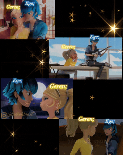 a collage of images of eren and ege from the miraculous ladybug show