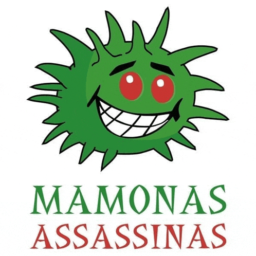 a mamonas assassinas logo with a smiling green cartoon character