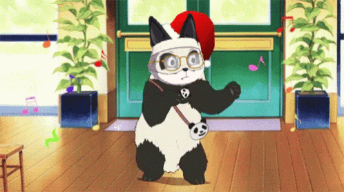 a panda bear is wearing a santa hat and glasses while dancing in a room .