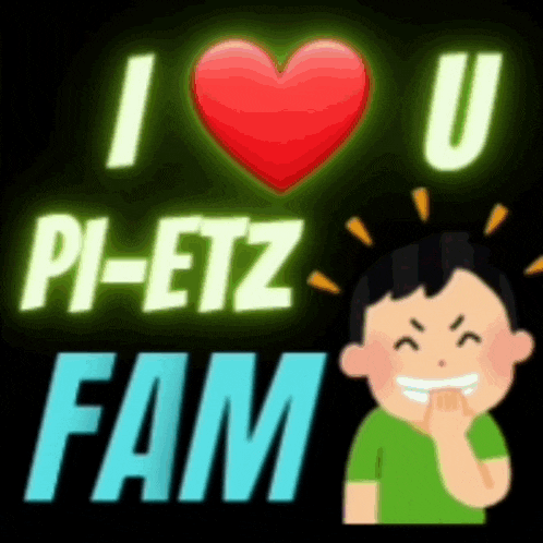 a boy is smiling and holding his finger to his mouth in front of a sign that says `` i love u pi-etz fam ''