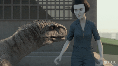 a woman standing next to a dinosaur with a netflix logo in the background