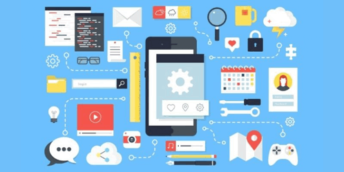 a phone is surrounded by various icons including a magnifying glass