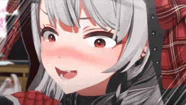 a girl with gray hair and red eyes is wearing a red plaid jacket