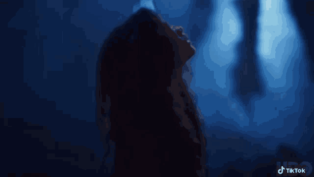 a silhouette of a woman in a dark room with a blue light behind her