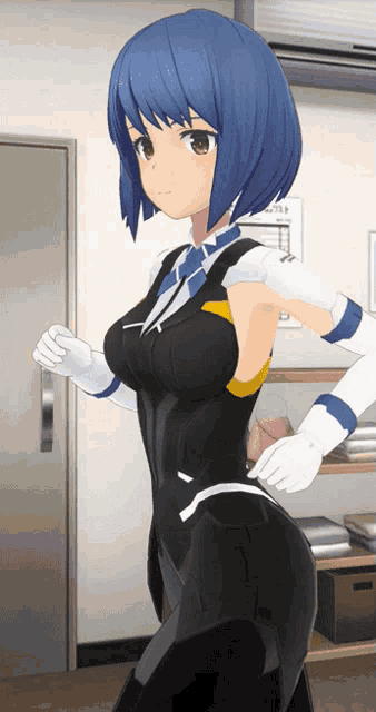 a girl with blue hair is standing in front of a door