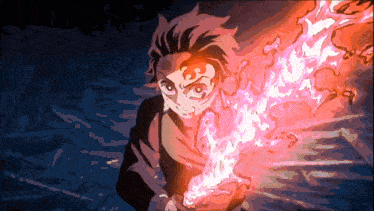 a drawing of a person holding a sword with red flames coming out of it