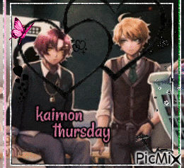 a picture of two anime characters with the words kaimon thursday