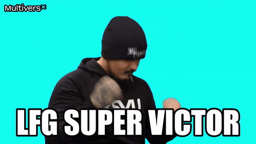 a man wearing a black beanie and a black hoodie with the words lfg super victor on a blue background