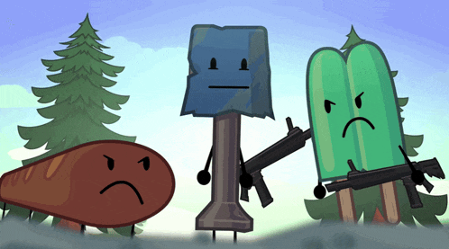 a cartoon character with a sad face is standing next to two other characters holding guns