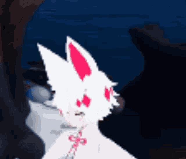 a pixel art drawing of a white rabbit with red eyes