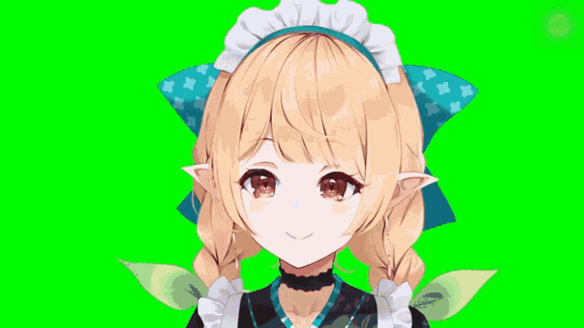 a girl with blonde hair and red eyes is wearing a blue and white headband