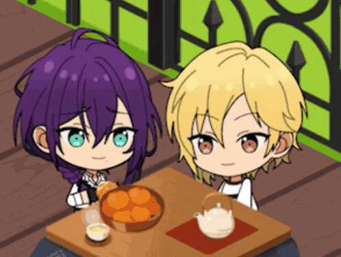 two anime characters sitting at a table with a bowl of oranges on it