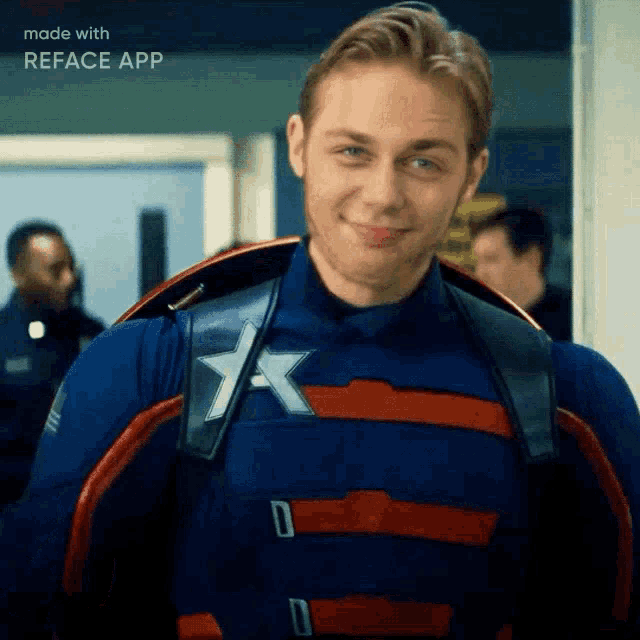 a man in a captain america costume is smiling for the camera .