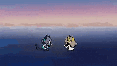 a cartoon of two cats dancing in the ocean .
