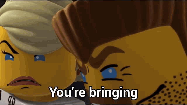 a man and a woman are standing next to each other and the man is saying you 're bringing .