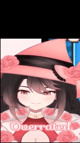 a girl wearing a pink hat with roses on it