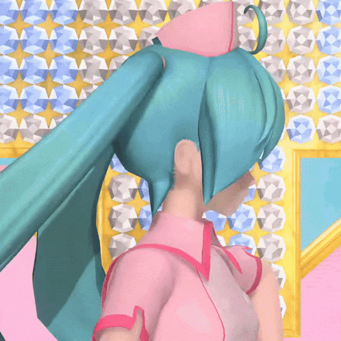 a computer generated image of a girl with blue hair and a pink top