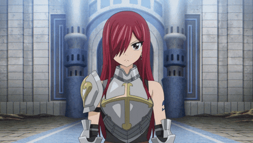 a girl with red hair is wearing a knight 's armor