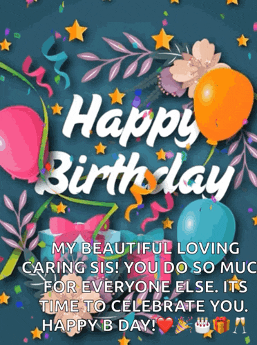a happy birthday card with balloons and flowers