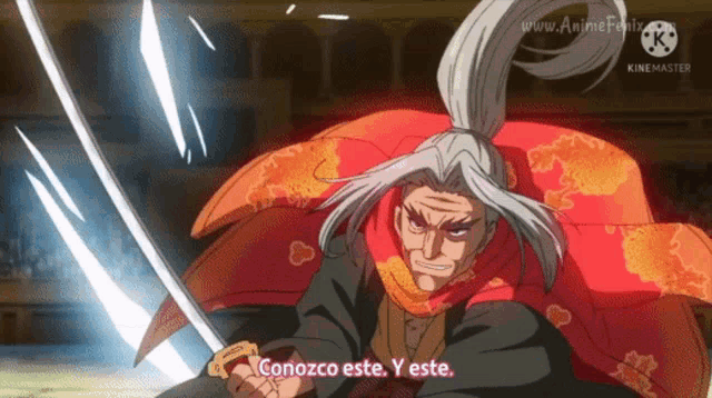 a man in a kimono is holding a sword and says " conozco este "