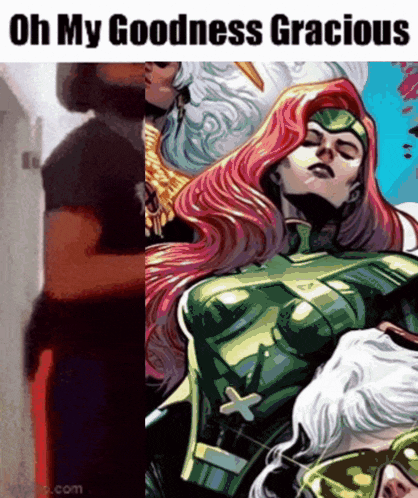 a cartoon of a woman with red hair and the words oh my goodness gracious on the bottom