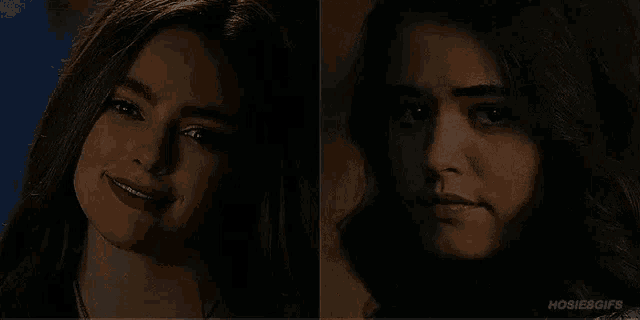 a close up of a woman smiling and a close up of a woman 's face in a dark room .