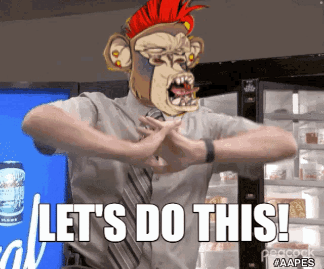 a man in a suit and tie with a monkey on his face and the words let 's do this