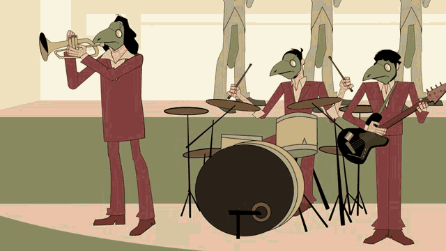 a cartoon of a band with a drummer wearing a mask