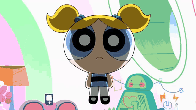 bubbles from the powerpuff girls is standing next to a green robot