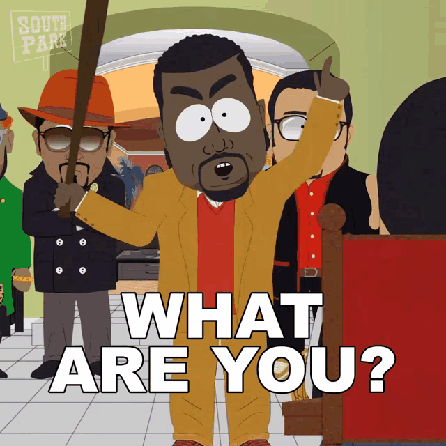 a cartoon of a man holding a bat and the words what are you