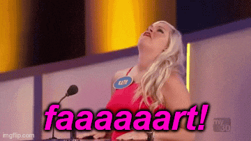 a woman in a red dress is standing in front of a microphone and says faaaaart !