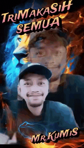a man in a hat is surrounded by flames and the words trima kasih semua