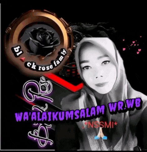 a black and white photo of a woman with the words wa ' alaikumsalam wrwb