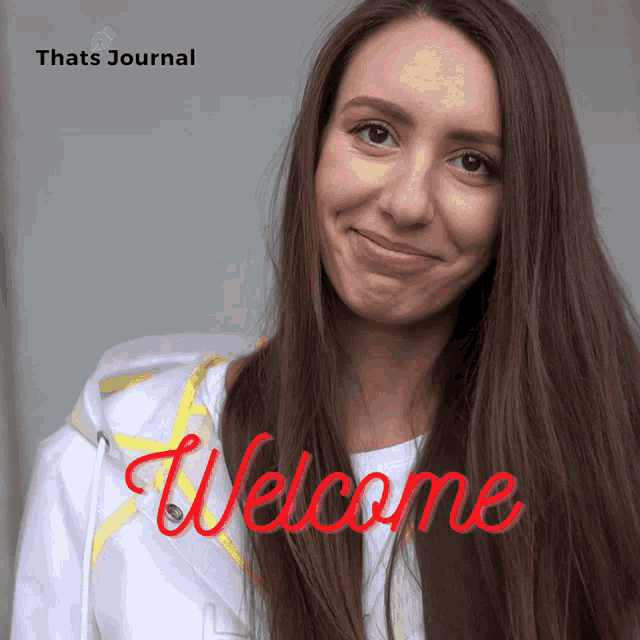 a picture of a woman with the words welcome written on it