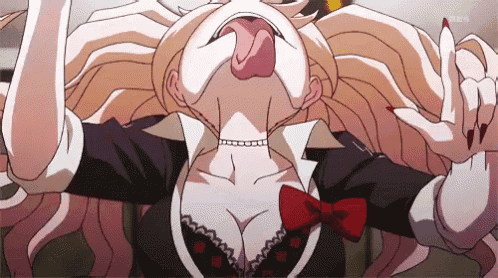 a cartoon girl with her tongue out and a bow tie