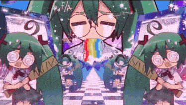 a cartoon of a girl with glasses and green hair eating a rainbow