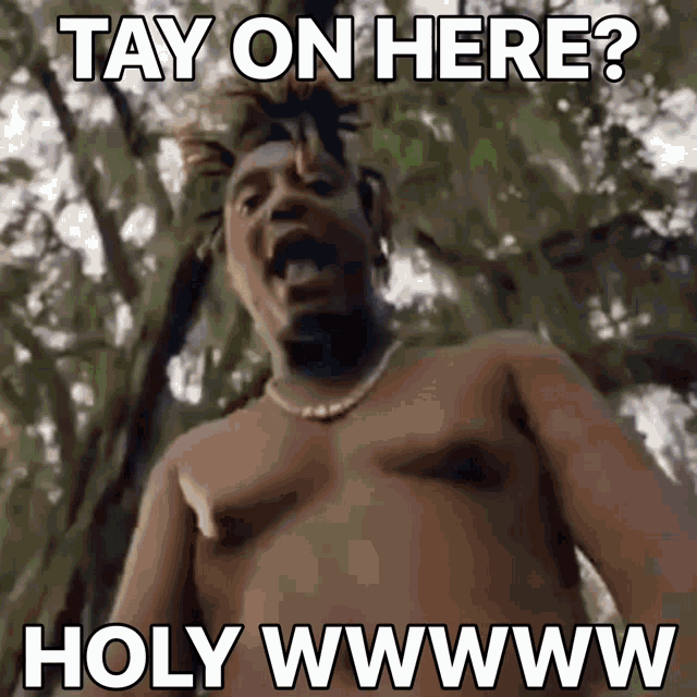 a shirtless man is standing in front of trees and says tay on here holy wwwwww