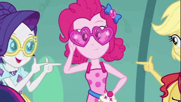 pinkie pie from my little pony equestria girls wearing pink heart shaped sunglasses