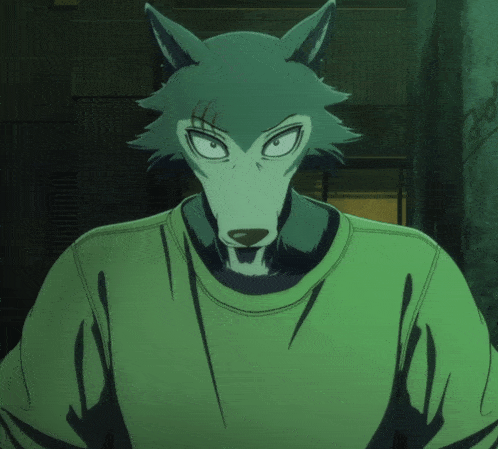 a drawing of a wolf with a green shirt