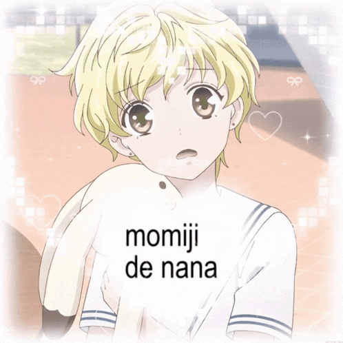 a picture of a girl with the words momiji de nana written on her shirt