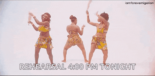 three women are dancing in front of a white background and the time is 4:00 pm tonight .