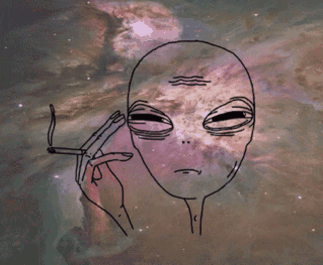 a drawing of an alien smoking a cigarette in front of a galaxy