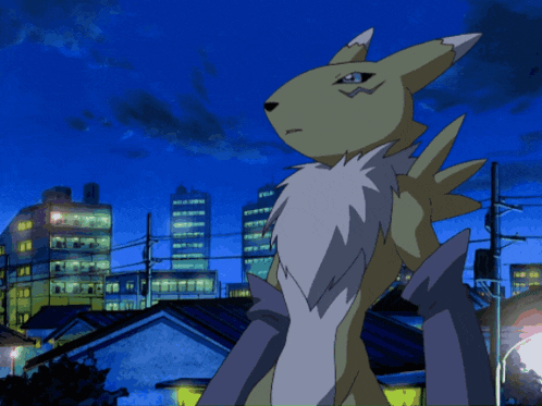 a cartoon character is standing in front of a city skyline