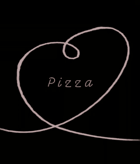 a drawing of a swirl that says pizza on a black background