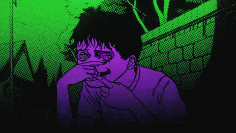 a purple and green cartoon of a boy covering his face with his hand