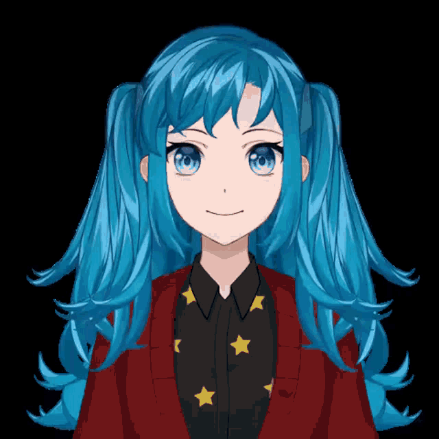 a girl with blue hair is wearing a red jacket and a black shirt with stars on it