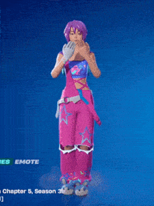 a girl with purple hair is wearing pink overalls