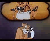 a cartoon cat is standing in front of a painting of a table with a group of women sitting at it .