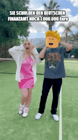 a woman in a pink dress and a man in a grey shirt are standing on a tennis court